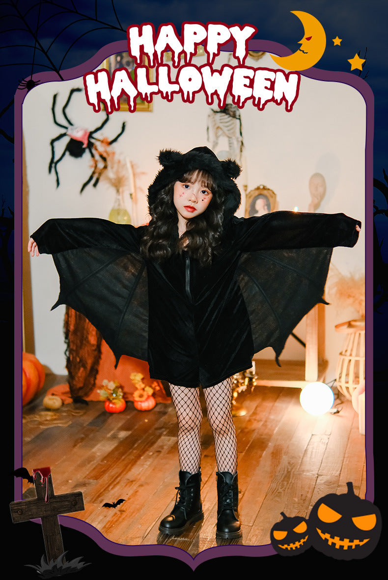 Black 1960s Halloween Bat Wing Hooded Velvet Romper