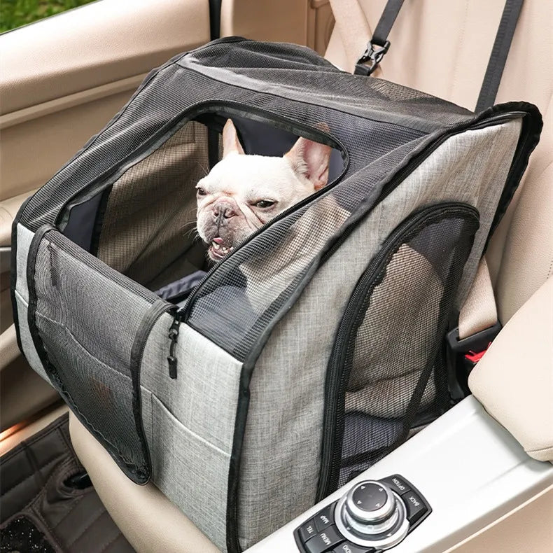 Safe car seat for dogs – Foldable transport bag with mesh windows and belt system