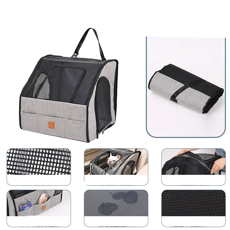 Safe car seat for dogs – Foldable transport bag with mesh windows and belt system
