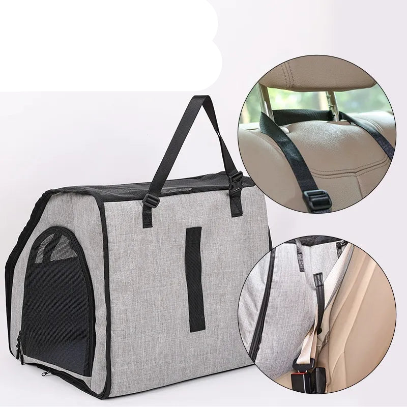 Safe car seat for dogs – Foldable transport bag with mesh windows and belt system