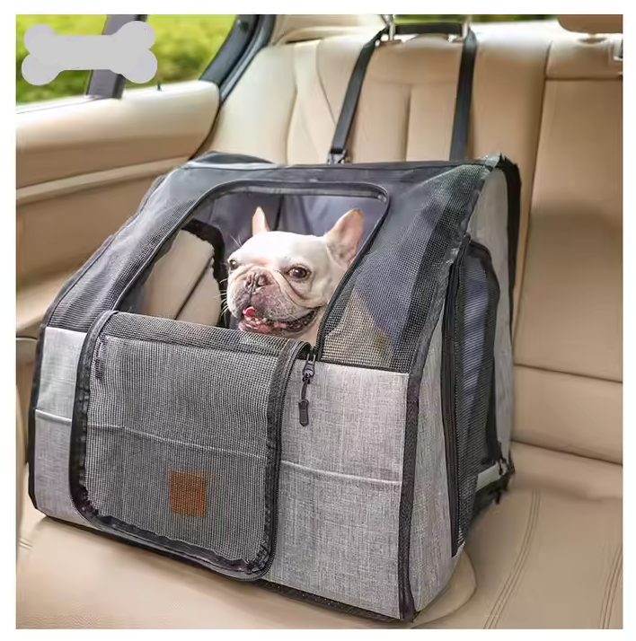 Safe car seat for dogs – Foldable transport bag with mesh windows and belt system