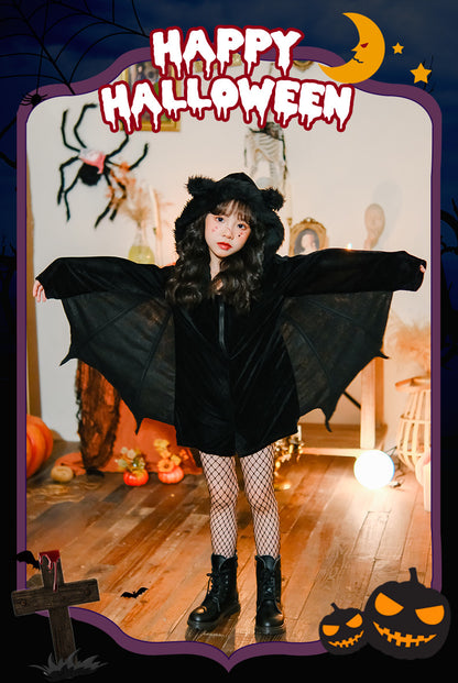 Black 1960s Halloween Bat Wing Hooded Velvet Romper