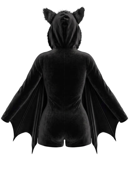 Black 1960s Halloween Bat Wing Hooded Velvet Romper