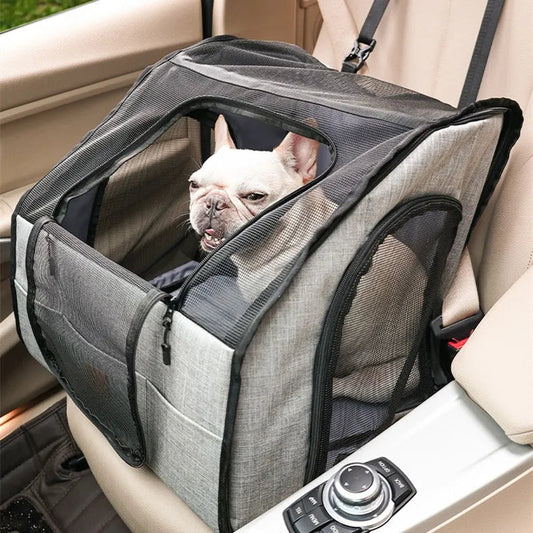 Safe car seat for dogs – Foldable transport bag with mesh windows and belt system