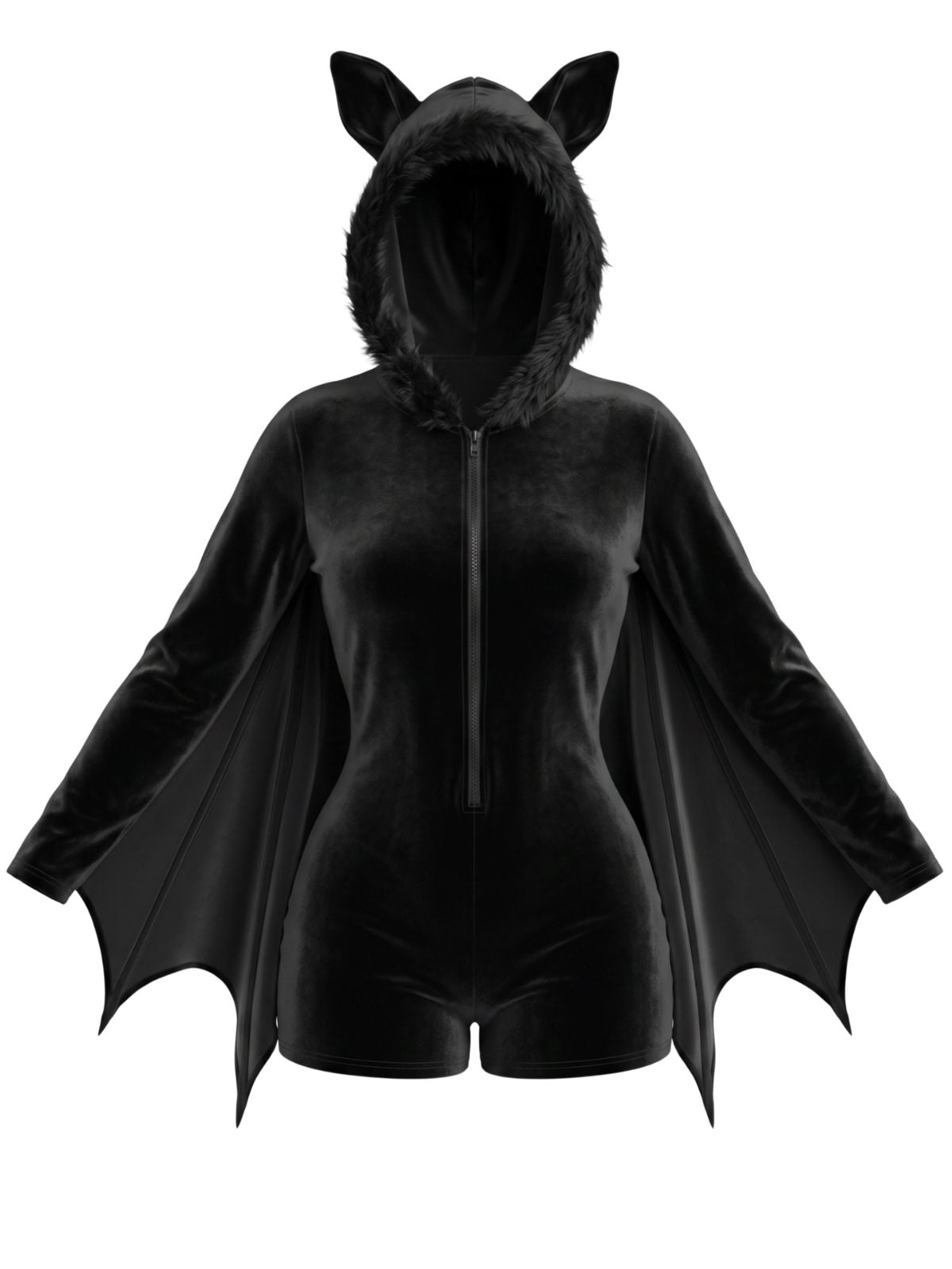 Black 1960s Halloween Bat Wing Hooded Velvet Romper