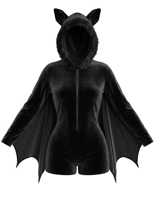 Black 1960s Halloween Bat Wing Hooded Velvet Romper