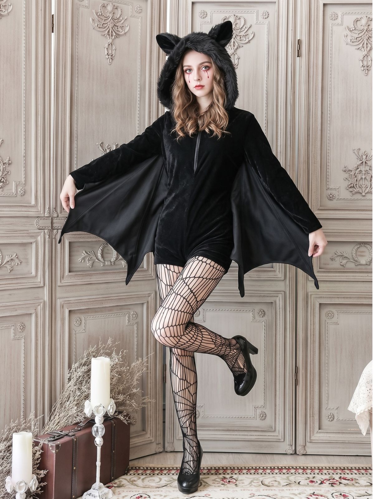 Black 1960s Halloween Bat Wing Hooded Velvet Romper