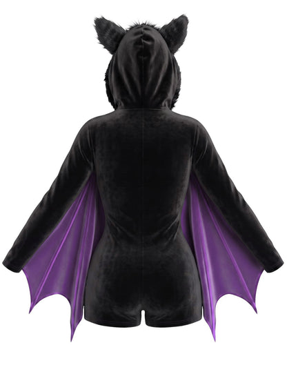 Black 1960s Halloween Bat Wing Hooded Velvet Romper