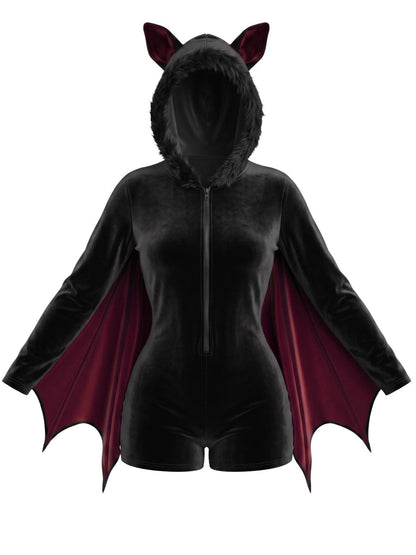 Black 1960s Halloween Bat Wing Hooded Velvet Romper