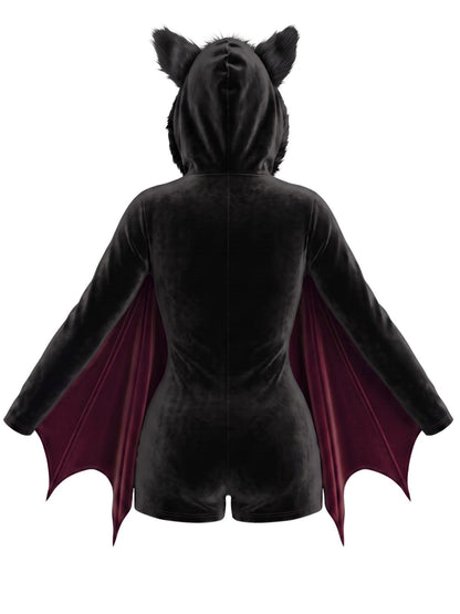 Black 1960s Halloween Bat Wing Hooded Velvet Romper